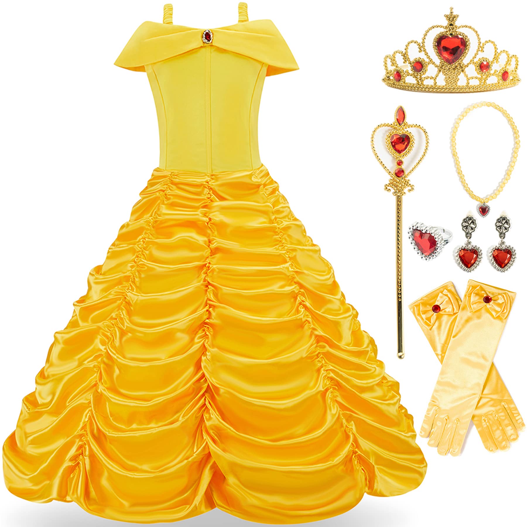 Funna Princess Costume Layered Dress Off Shoulder For Girls Dress Up With Accessories Yellow, 3-4T