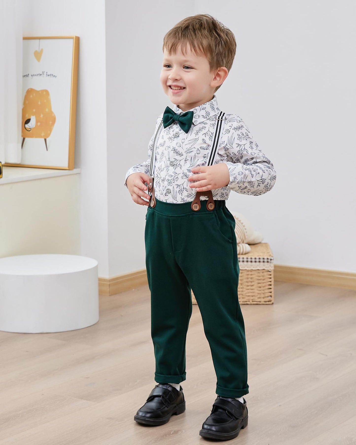 Yallet Toddler Baby Boy Clothes Suit Gentleman Outfits Formal Dress Shirt + Bowtie + Suspender Pants Wedding Party(L Green-Print