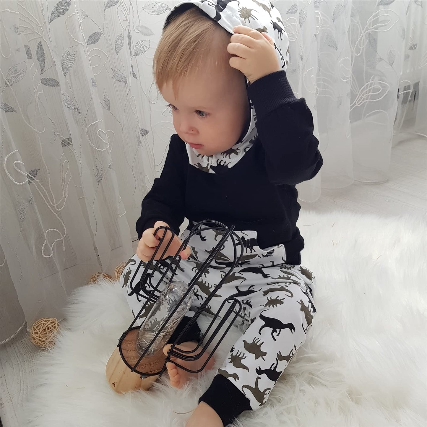Toddler Infant Baby Boy Clothes Dinosaur Long Sleeve Hoodie Tops Sweatsuit Pants Outfit Set (12-18 Months)
