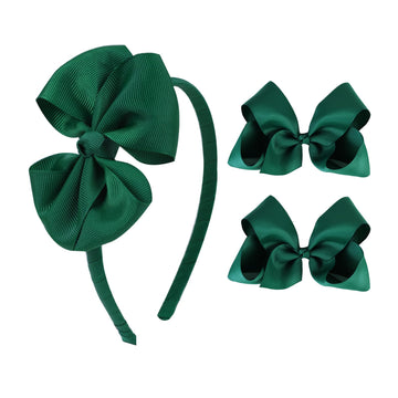 Green Bow Headband & 2 Pcs 4 Inch Hair Bows Set, Back School Hair Accessories For Little Toddler School Girls (Green)
