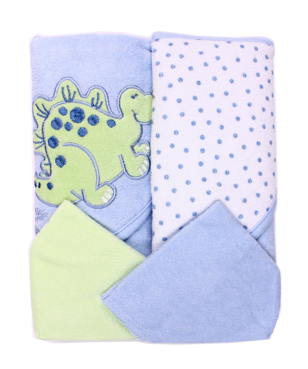Spasilk Hooded Terry Bath Towel with Washcloths, Dino Blue, 2Count