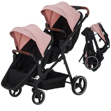 Garvee Tandem Stroller, Double Bassinet Stroller for Newborn and Toddler Twins, Reversible Seat Adjustable Canopy, One-Hand Fold