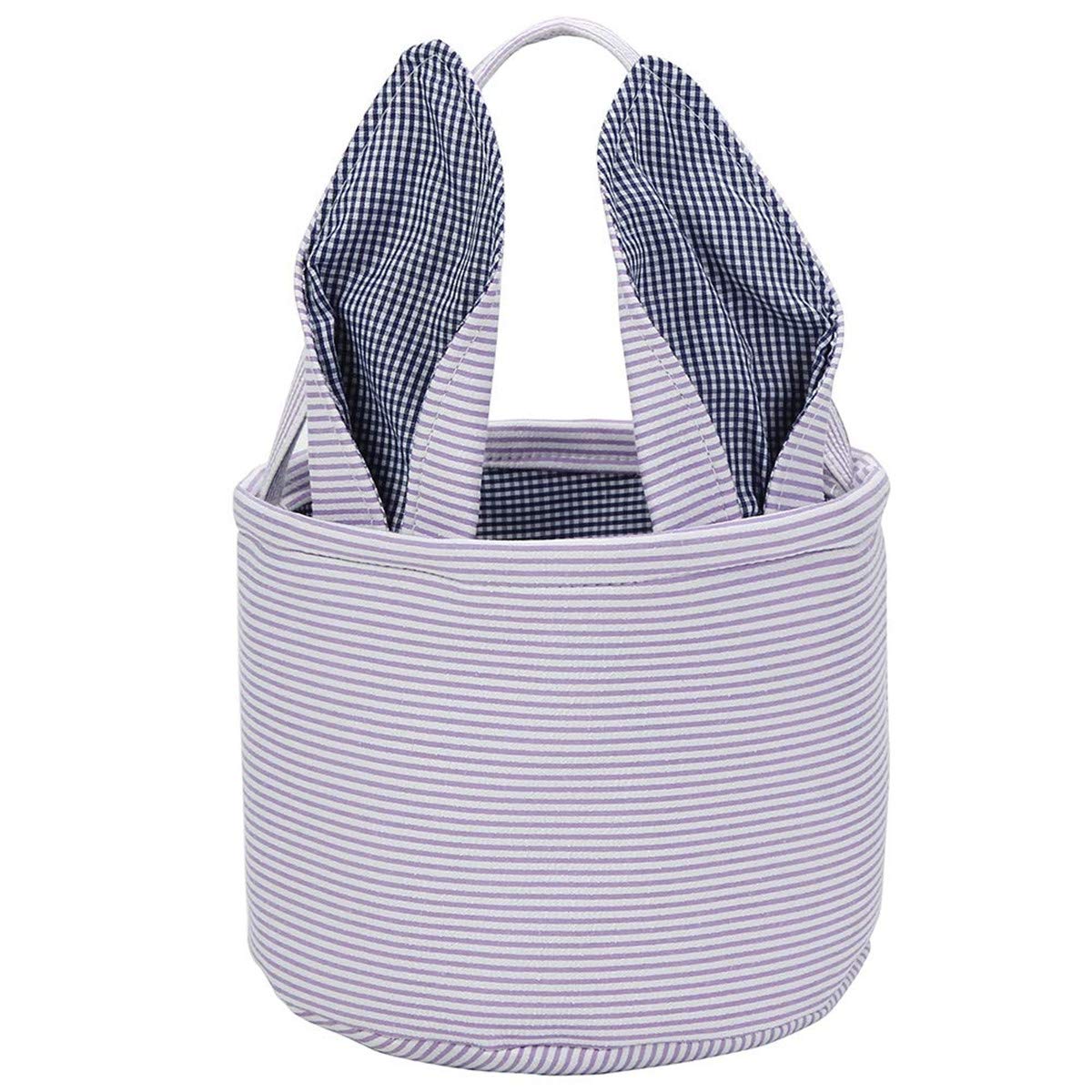 Leziazany Easter Basket Seersucker Egg Hunt Bunny Baskets For Kids With Cute Rabbit Ears Stripe Storage Gifts Candies Personaliz