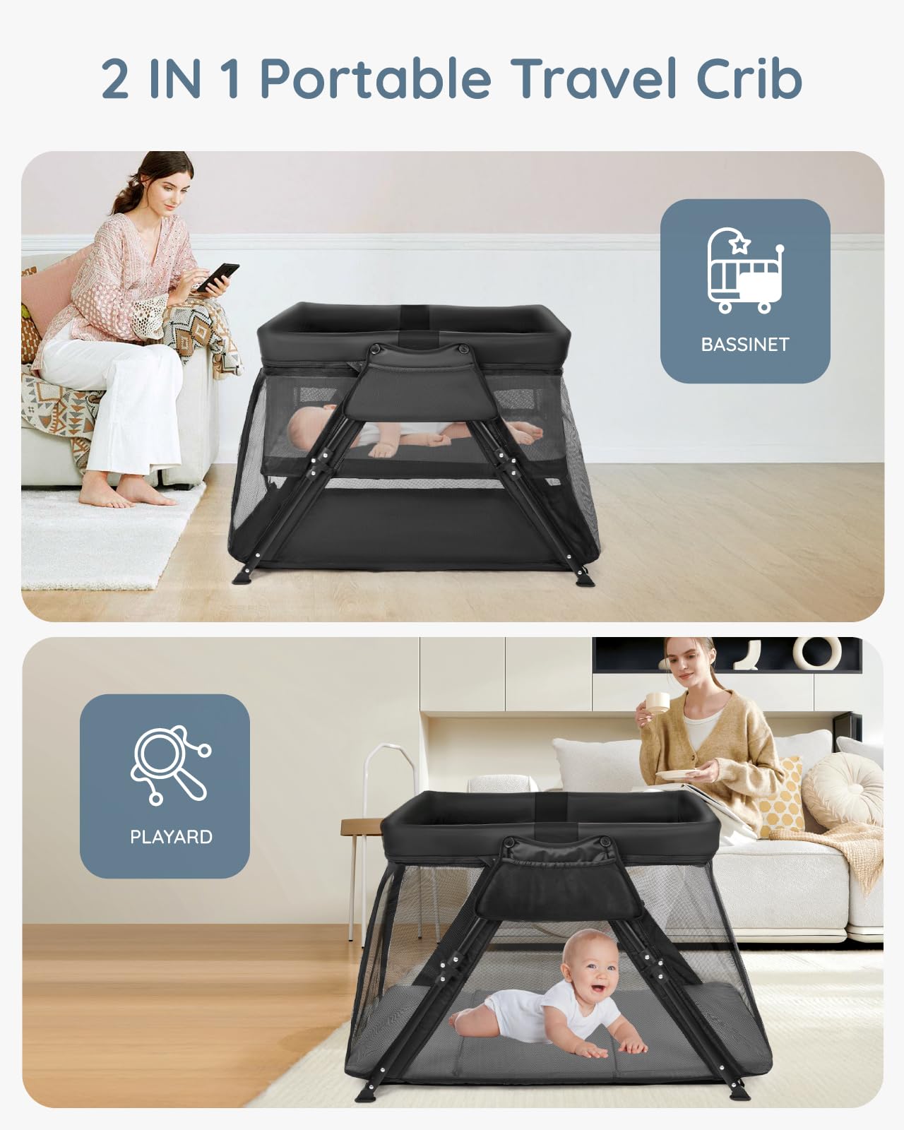 Lilian&Gema 2-In-1 Travel Crib, Portable Crib With Backpack, Lightweight Baby Travel Playpen, Foldable Play Yard With Thick Matt