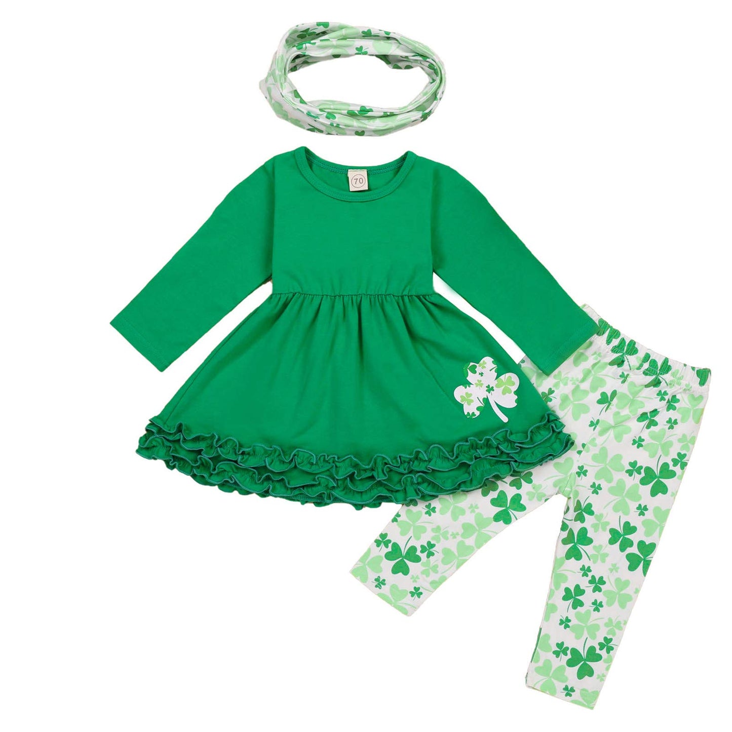 Toddler Baby Girls St. Patricks Day Outfits Ruffle Long Sleeve Top Dress +Shamrock Print Pants+Scarf 3Pcs Clothes (Green,6-12 Mo
