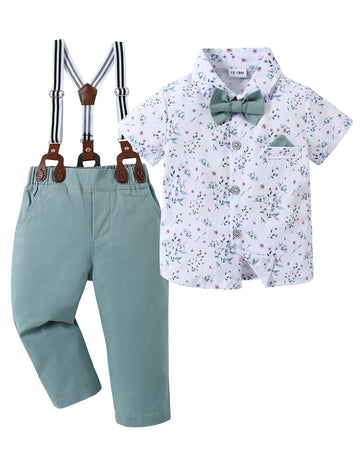 Disaur Boys Church Outfit Short Sleeve White Flower Dress Shirt Bow Tie Suspender Green Pants Toddler Formal Outfit Boy 2T 3T 2-