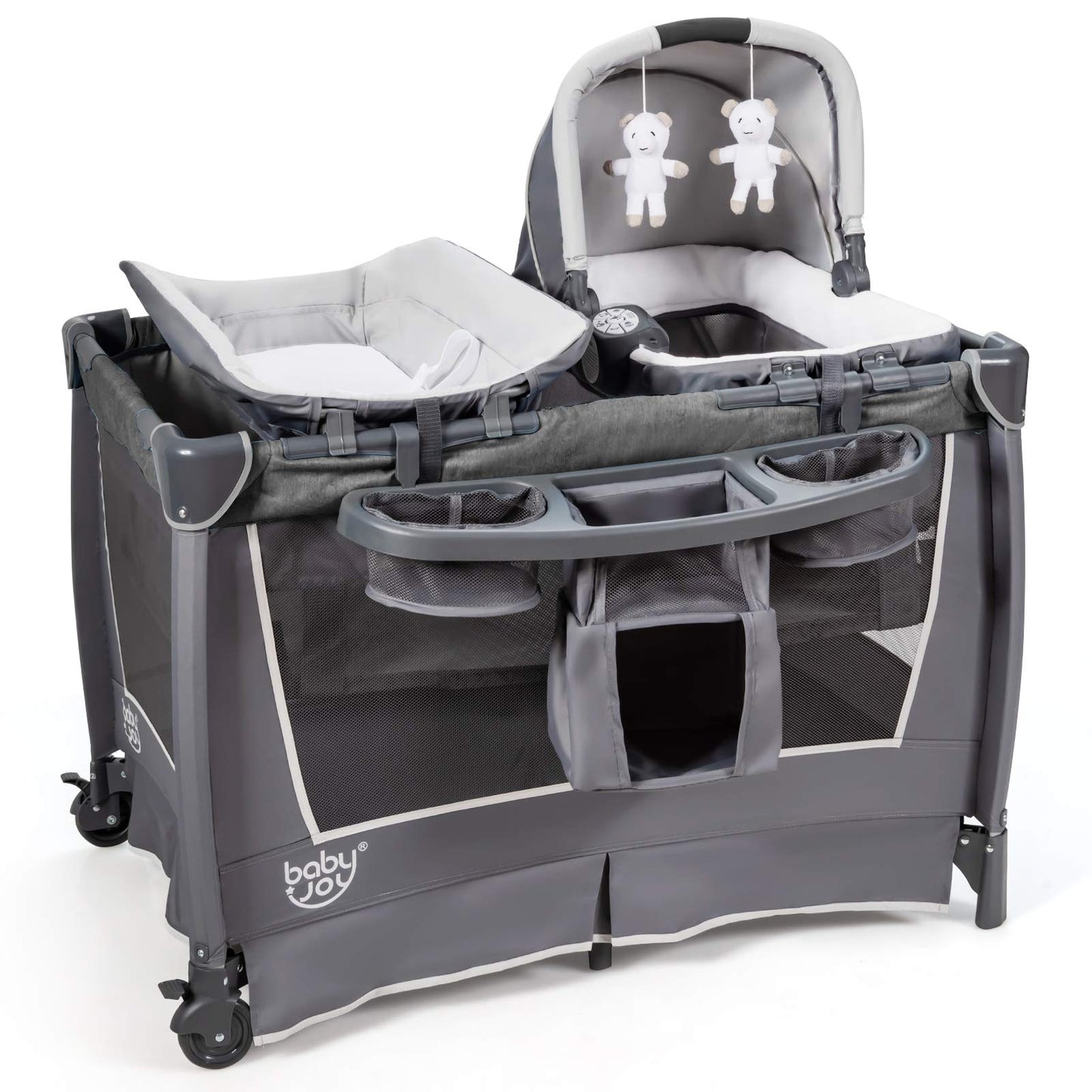 BABY JOY 5 in 1 Pack and Play, Portable Nursery Center Baby Playard w/Bassinet & Diaper Changing Table, Infant Bassinet Activity
