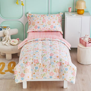Joyreap 4 Piece Cotton Toddler Bedding Set For Girls, Pink Flowers Design, Soft N Breathable Cotton Toddler Comforter Set, Inclu