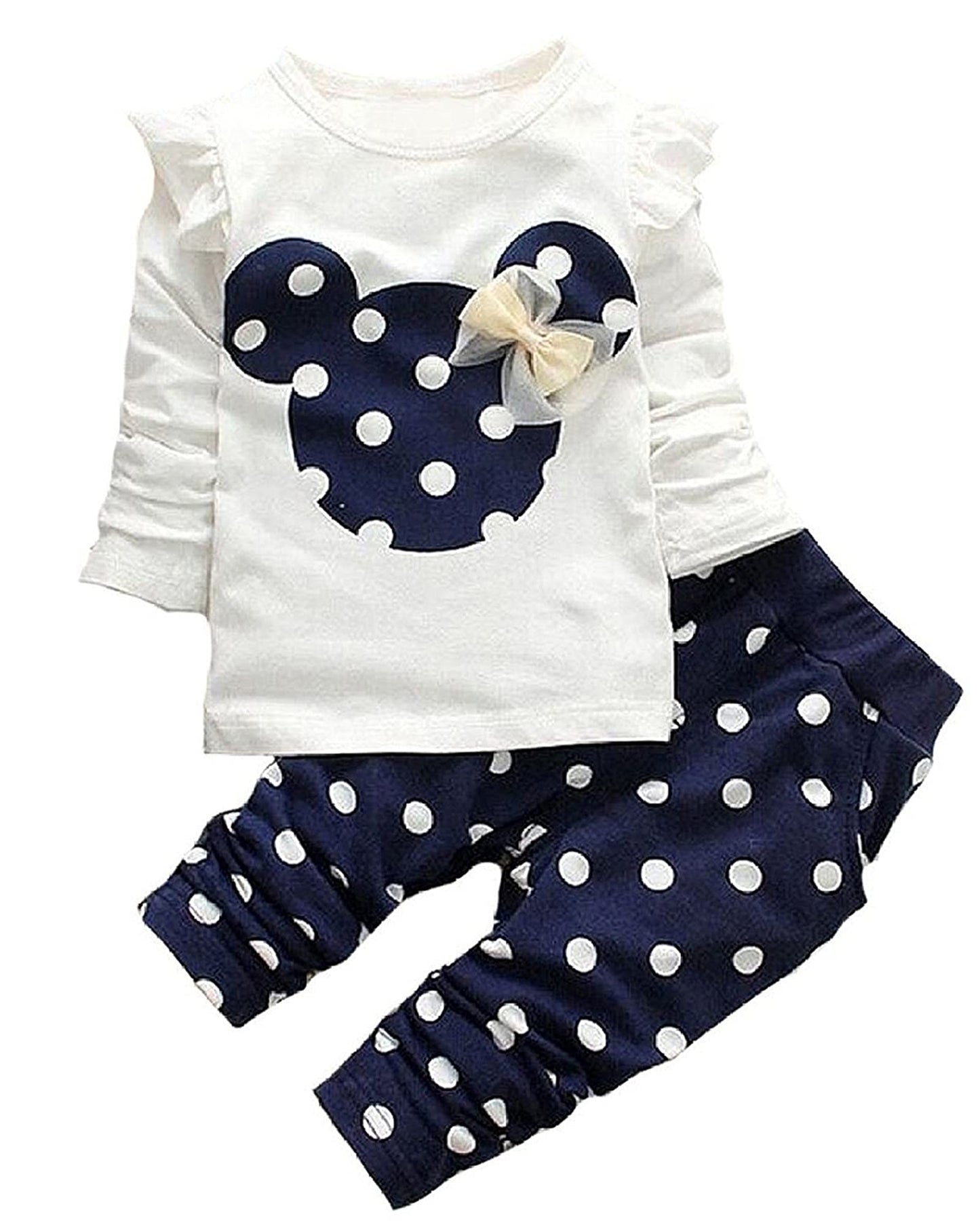 Cute Toddler Baby Girls Clothes Set Long Sleeve T-Shirt And Pants Kids 2Pcs Outfits(White+Navy,3T)
