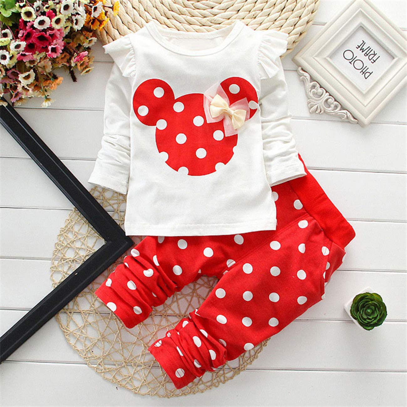 Cute Toddler Baby Girls Clothes Set Long Sleeve T-Shirt And Pants Kids 2Pcs Outfits (White+Red, 3-6 Months)