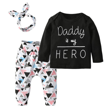 Baby Girls 3Pcs Outfit Set Letters Daddy Is My Hero T-Shirt Tops Geometric Pants With Headband (3-6 Months)
