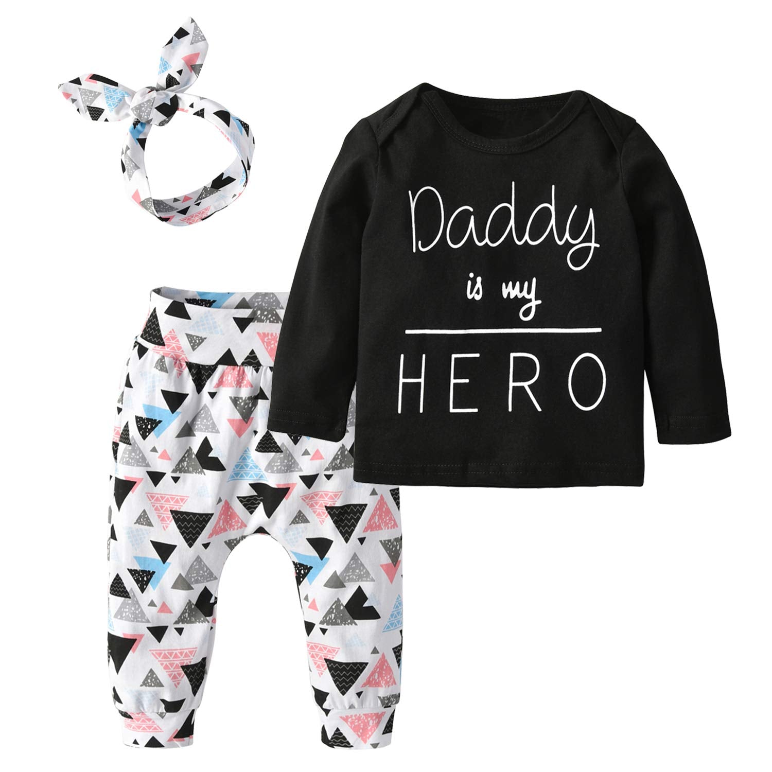 Baby Girls 3Pcs Outfit Set Letters Daddy Is My Hero T-Shirt Tops Geometric Pants With Headband (18-24 Months)