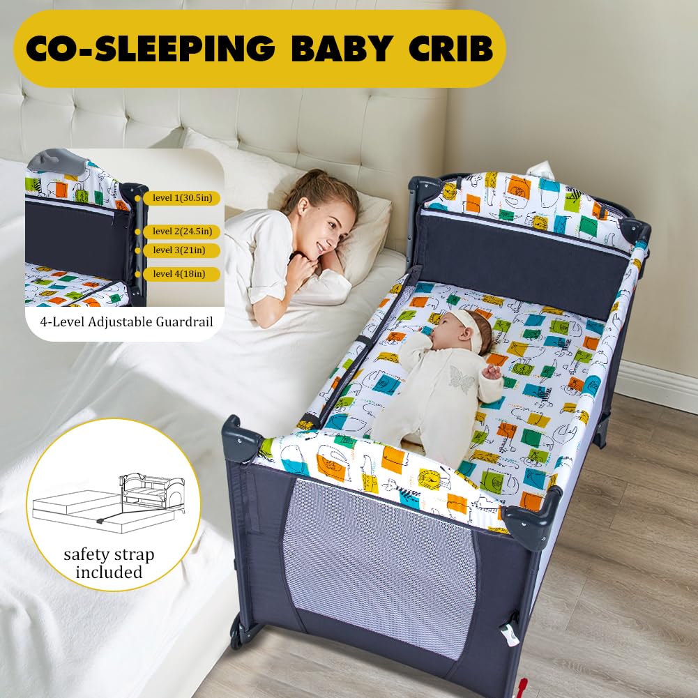 Pearlove 5 In 1 Baby Bassinet, Bedside Bassinet For Baby, Pack And Play With Changing Table, Portable Crib With Mattress, Music