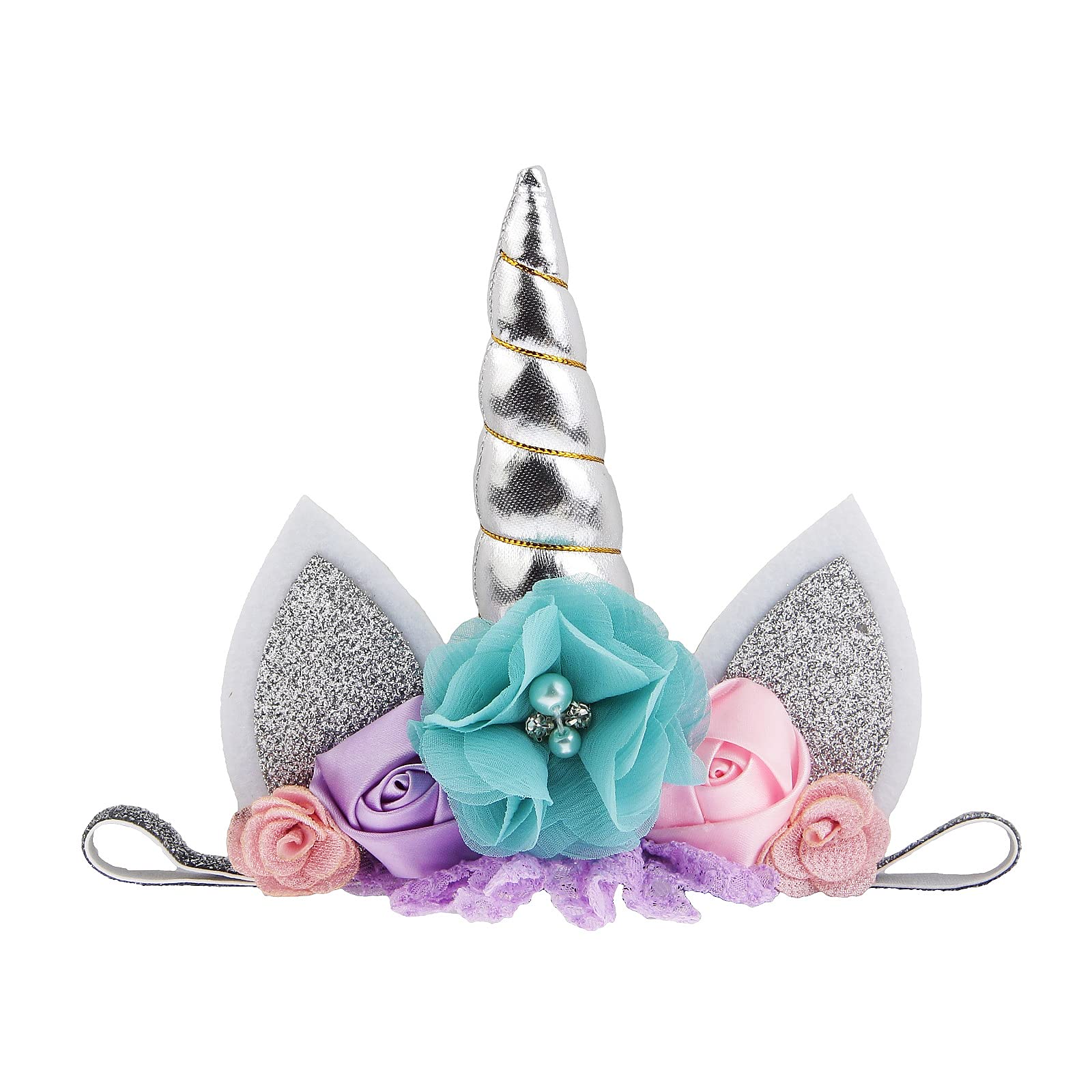 Nishine Baby Elastic Glitter Unicorn Horn Headband Children Unicorn Party Supplies Cosplay Gift (Silver)