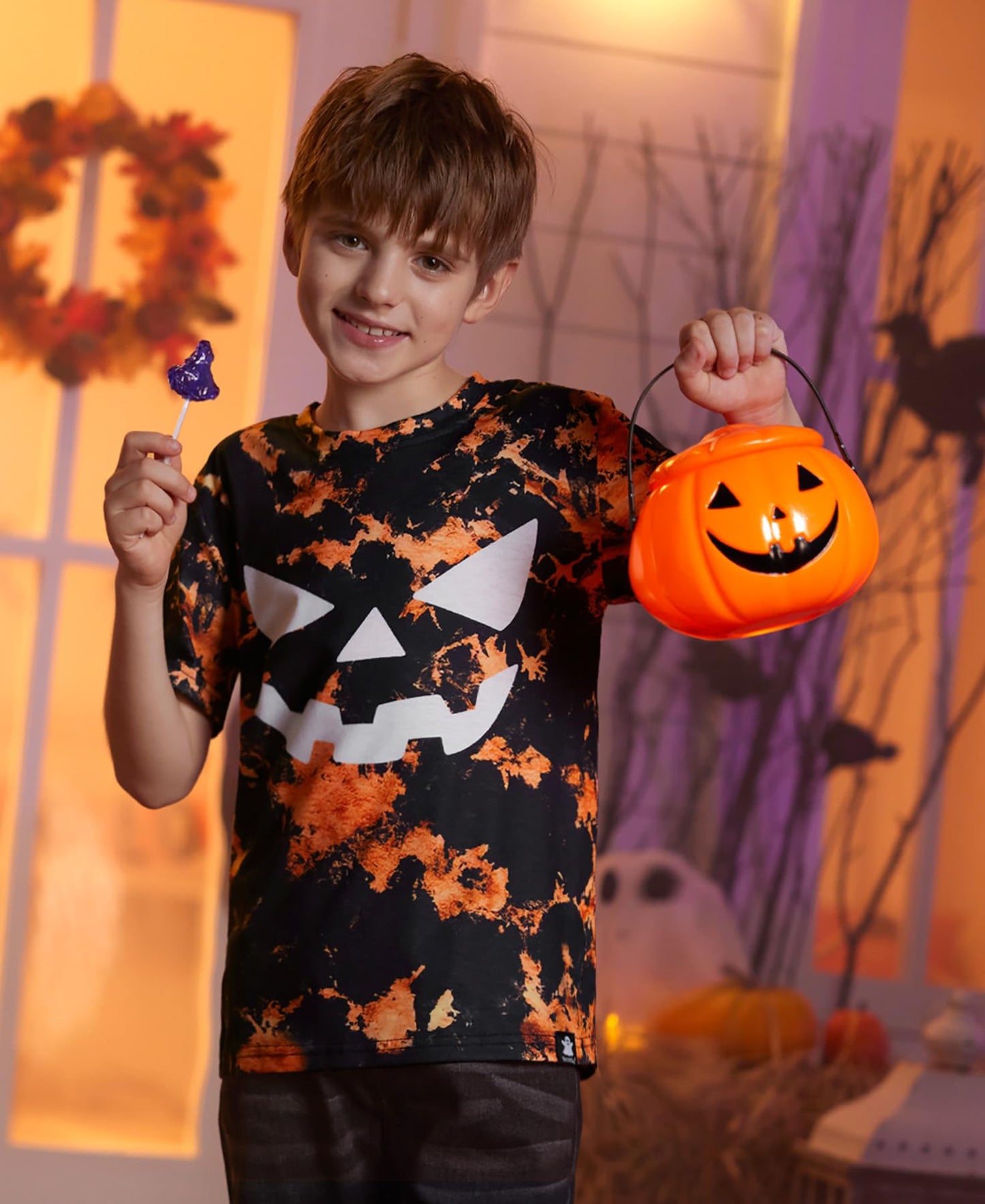 Halloween Girls Orange Tie Dye Pumpkin Face Jack O' Lantern Tee Round Neck Funny Tshirt 12 Years