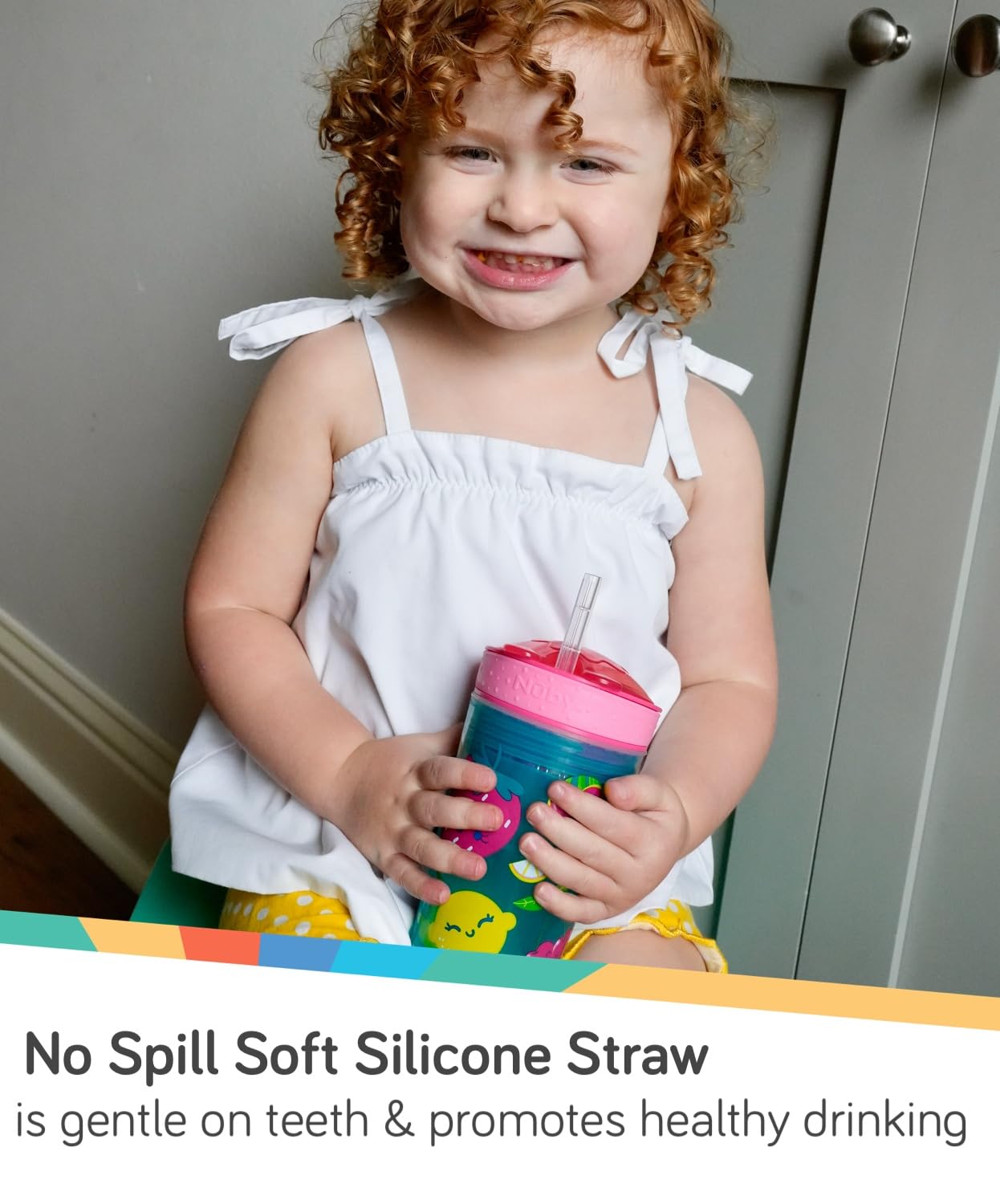 Nuby All In One Snack Bowl And No Spill Soft Straw Cup - 2 Pack Pink Butterflies & Aqua Fruits - Snack N' Sip, Holds: 4.5 Oz Con