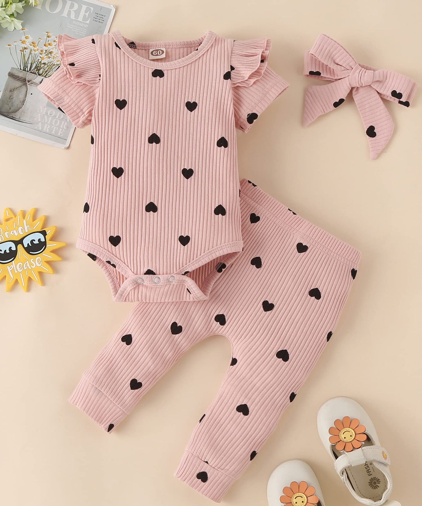 Fullfamous Infant Baby Girl Clothes Outfits,Spring Summer Romper And Pant Set 12-18 Months Pink Heart