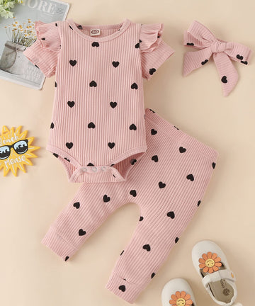 Fullfamous Infant Baby Girl Clothes Outfits,Spring Summer Romper And Pant Set 12-18 Months Pink Heart