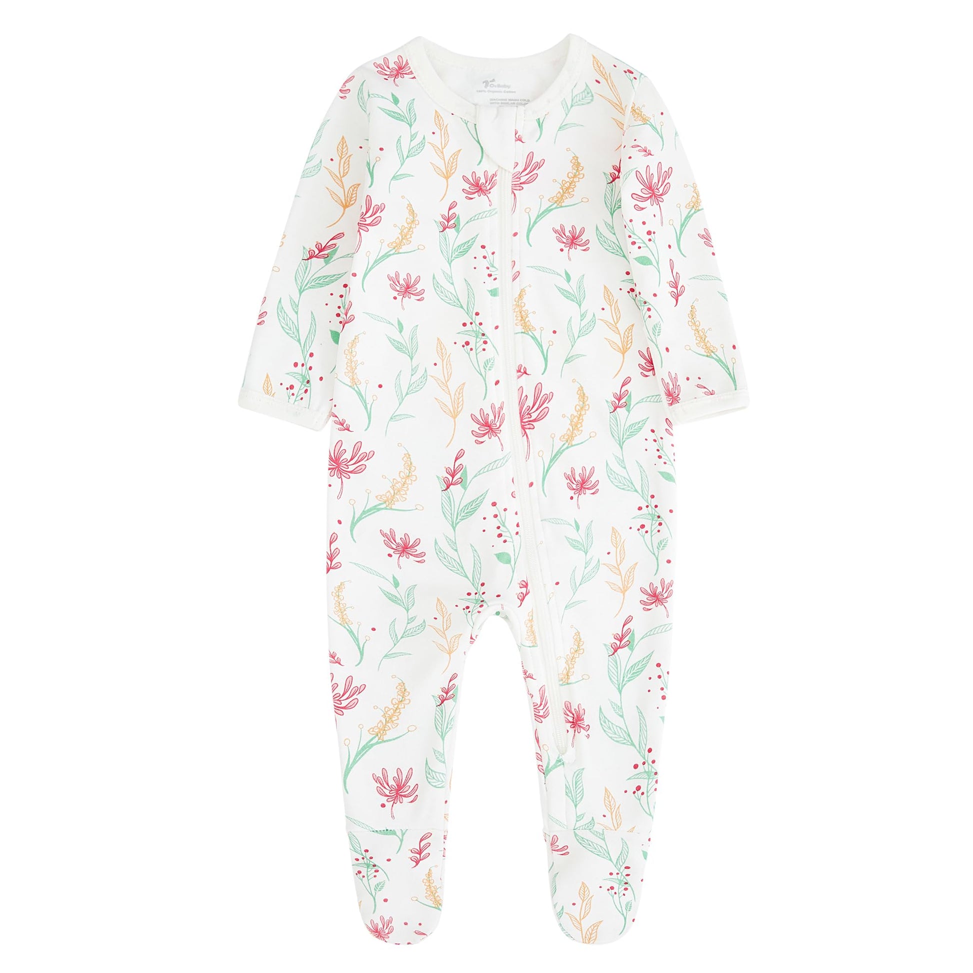 O2 Baby Baby Boys Girls Organic Cotton Zip-Front Sleeper Pajamas, Footed Sleep  'N Play(0-3 Months, Flowers)