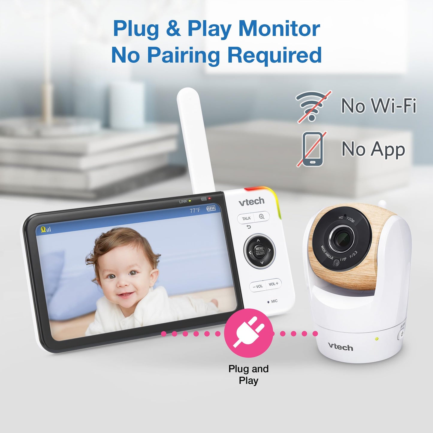 Vtech Vm919-2Hd Baby Monitor, 7' 720P Screen, 2 Cameras, 360 Panoramic Viewing, 110 Wide-Angle View, Night Vision, Up To 1000Ft