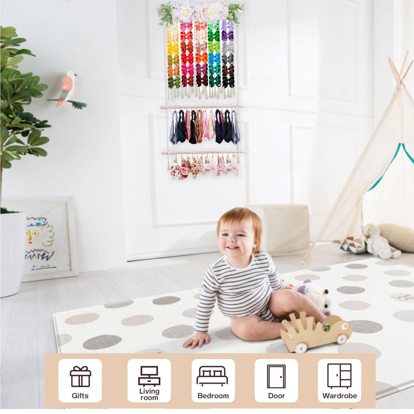 Cherrboll Hair Bow Holder For Girls, Headband Organizer W/24 Hooks, Hanging Hair Clips Organization For Nursery Decor Room Wall