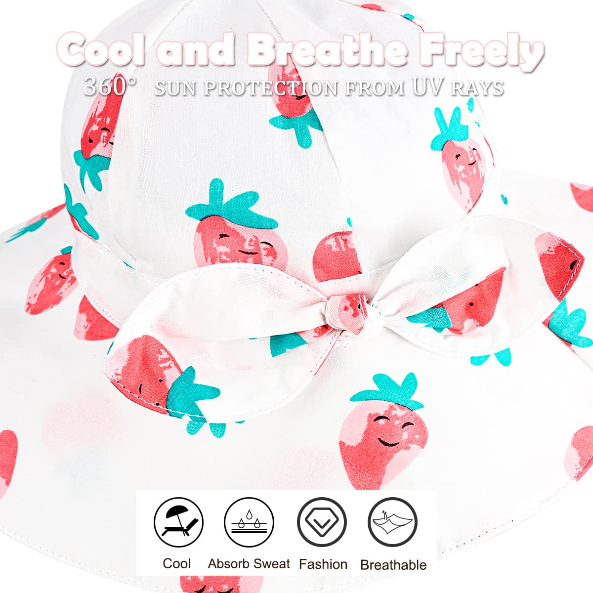 Baby Girl Sun Hat With Upf 50+ Outdoor Adjustable Beach Hat With Wide Brim Bucket Hats (2-3 Years, White-Strawberry Printing)