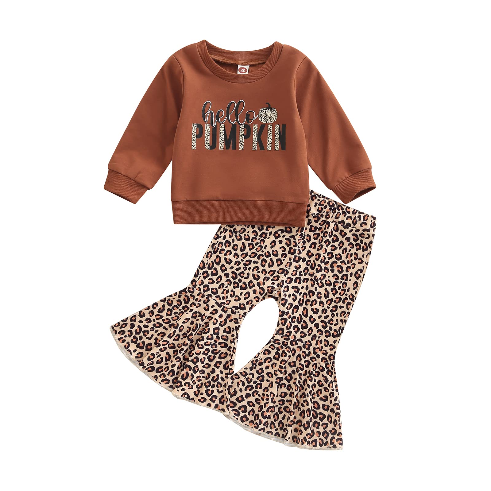 Wybzd Baby Girl Halloween Outfit Pumpkin Pie Crewneck Sweatshirt Shirt Top Bell-Bottom Pants Sets Cute Toddler Clothes 6-12 Mont