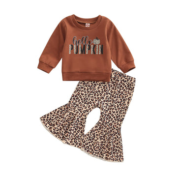 Wybzd Baby Girl Halloween Outfit Pumpkin Pie Crewneck Sweatshirt Shirt Top Bell-Bottom Pants Sets Cute Toddler Clothes 6-12 Mont