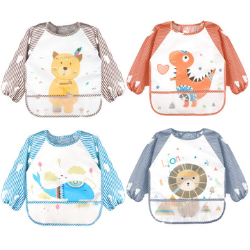 Accmor 4 Pack Long Sleeve Baby Bibs, Waterproof Sleeved Bibs Smock For Toddler Baby Girls Boys Eating Feeding