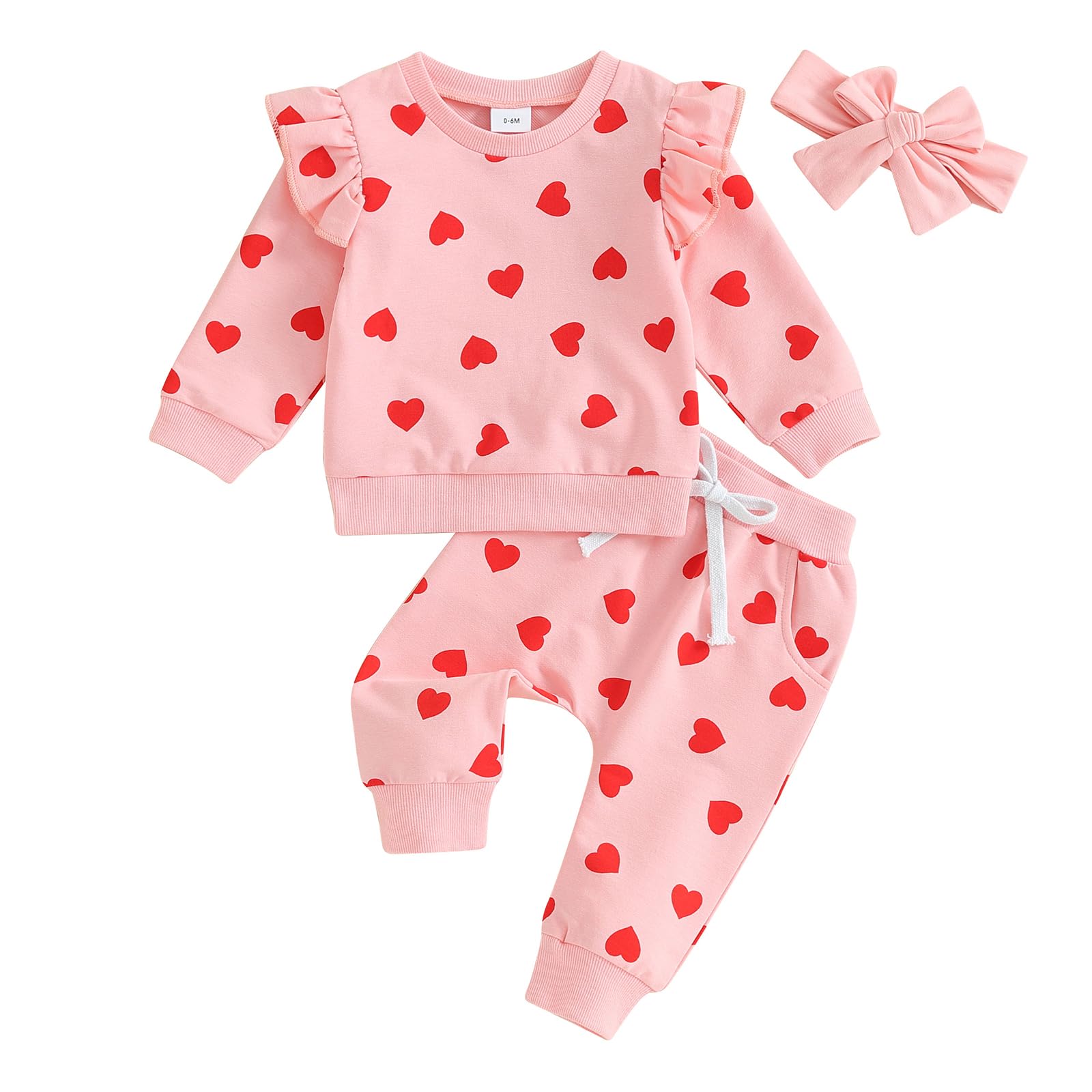Engofs Toddler Baby Girl Valentines Day Outfit Long Sleeve Hearts Sweatshirt Tops Pants Headband 3Pcs Fall Winter Clothes Set Pi
