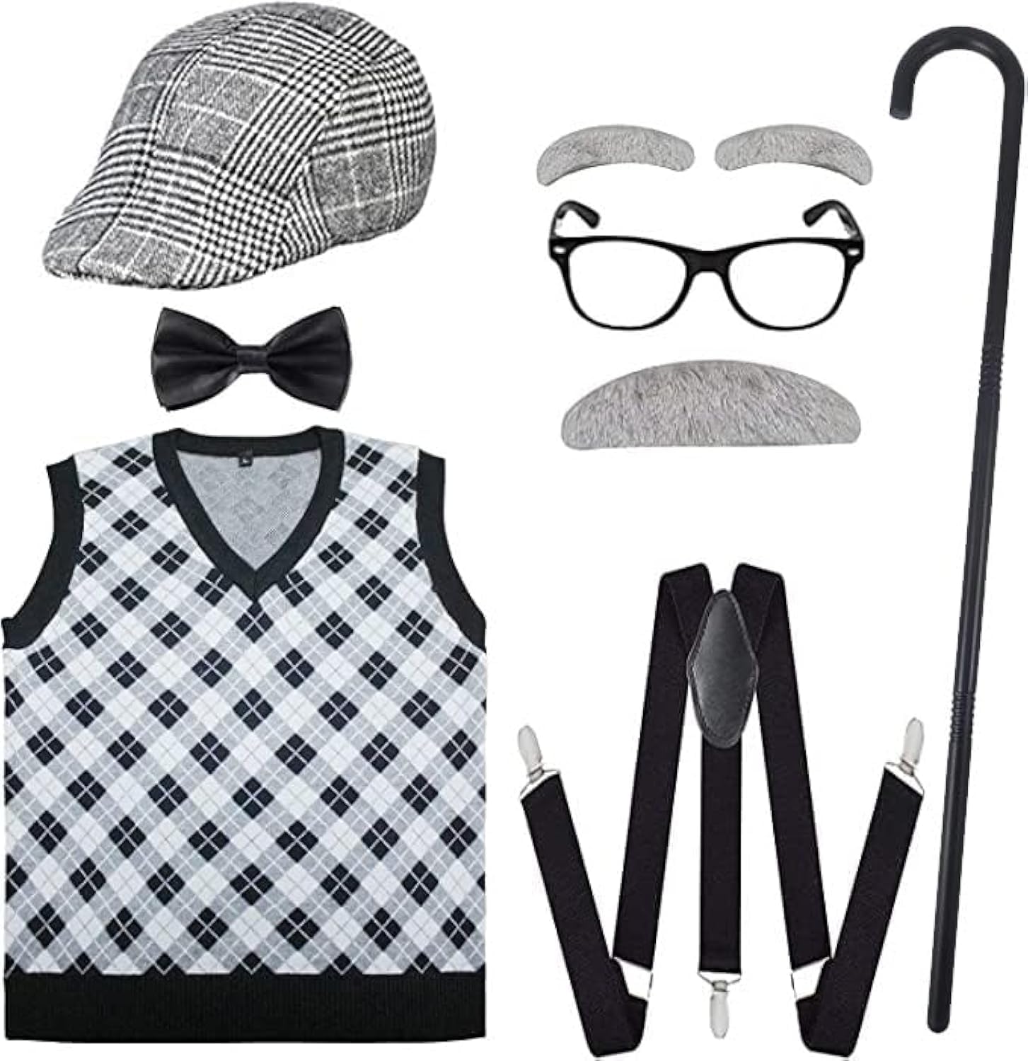 Attbea Old Man Costume For Kids 100 Days Of School Costume For Unisex With Old Man Hat, Old Person Glasses, Costume Cane Grandpa
