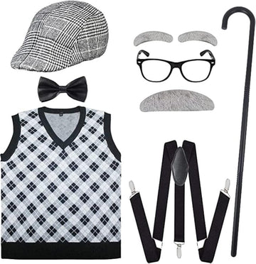 Attbea Old Man Costume For Kids 100 Days Of School Costume For Unisex With Old Man Hat, Old Person Glasses, Costume Cane Grandpa