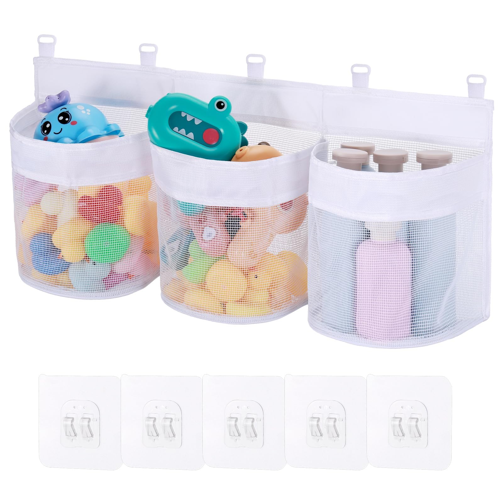 Huiguli Bath Toy Storage Organizer, 3 Compartment Bath Toy Holder for Tubs, Large Capacity & Quick-Drying Mesh - 5 Strong Suctio