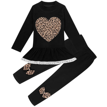 Retsugo Toddler Baby Girls Leopard Heart Fall Winter Clothes Set Kids Valentine'S Day School Girl Outfit Cute Pullover Shirt And