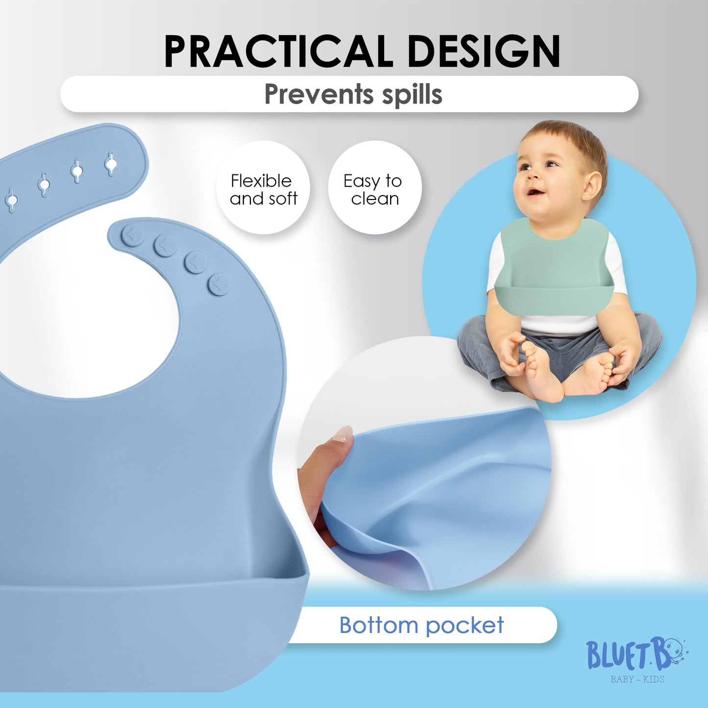 Bluet B - Set Of 3 Waterproof Silicone Baby Bibs - Bpa Free Silicone Baby Bib - Flexible And Soft - Adjustable And Portable With
