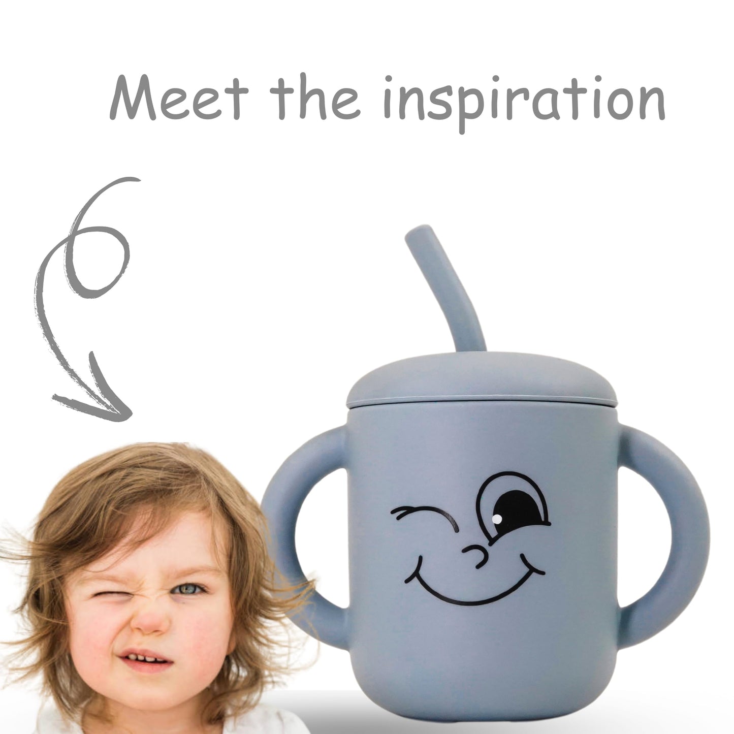 Fumiko Sippy Cups For Toddlers 1-3 - Adorable Personality Designs, Built-In Straw Lock, Easy-Grip Handles, (Winky Grey)