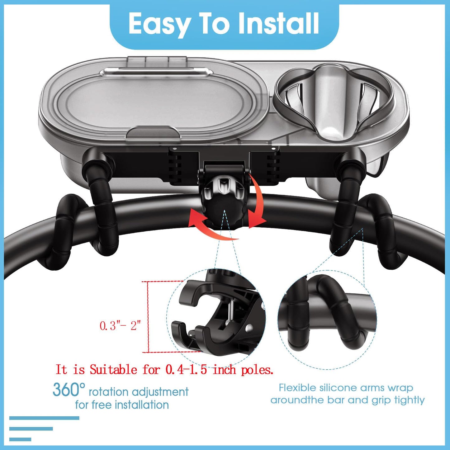 Universal Stroller Snack Tray: Cup Holder Tray With Silicone Flexible Arms Grip Stroller Tray With Dust Cover - Stroller Tray At