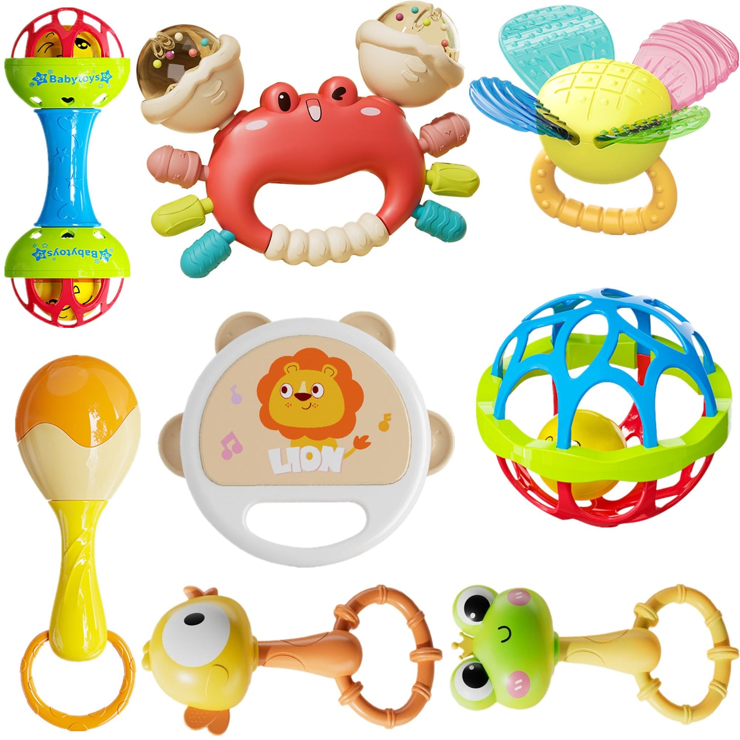 HAOHAOSHUA Infant Rattle and Teether Toy Set, 8PCS Baby Rattles Toys with Crinkle Sound,Teething Ring,Squeeze Toy for 3+ Months,
