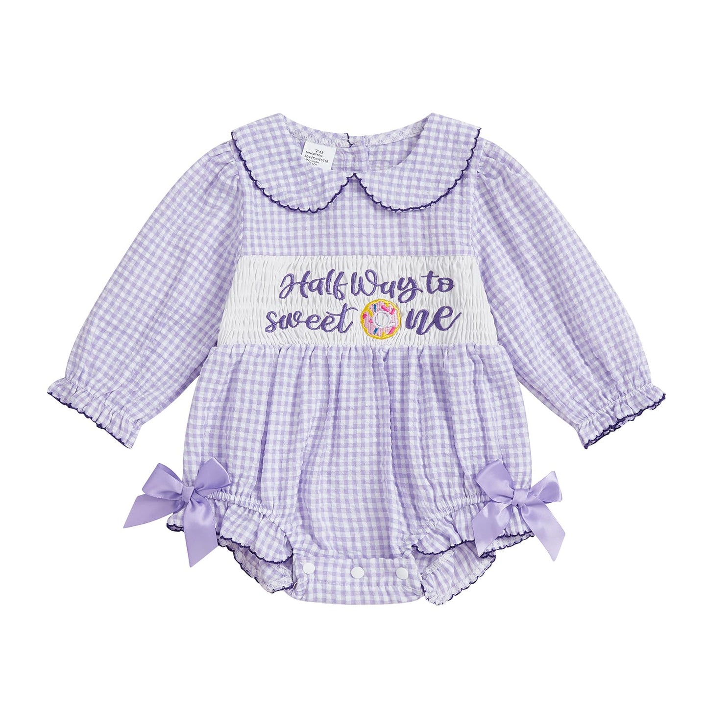 Half Birthday Outfit Baby Girl Half Way to Sweet ONE Donuts Long Sleeve Romper Smocked Bubble Clothes Cake Smash (Purple, 6-12 M