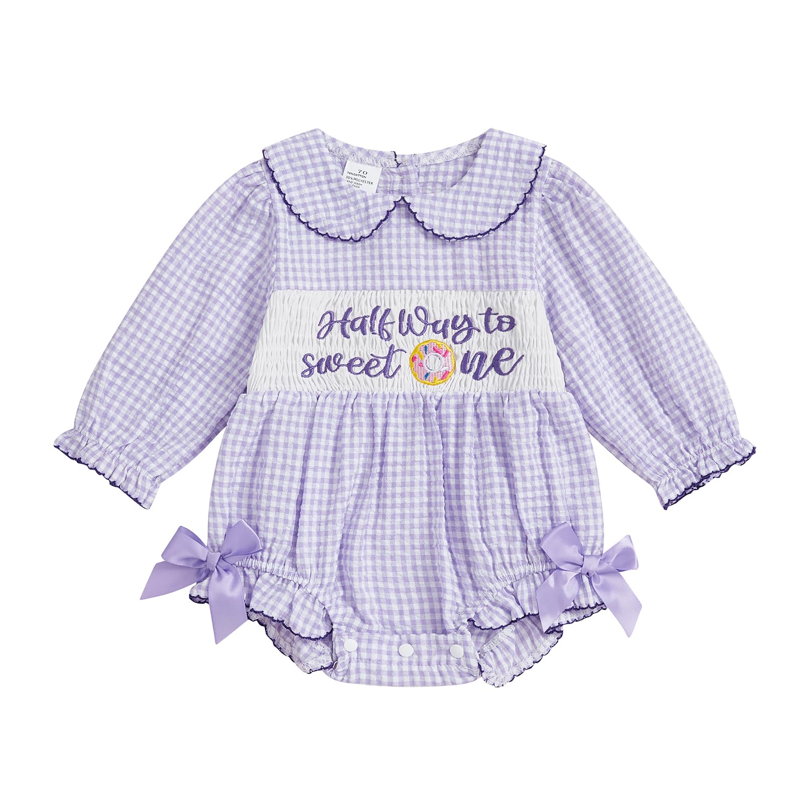 Half Birthday Outfit Baby Girl Half Way to Sweet ONE Donuts Long Sleeve Romper Smocked Bubble Clothes Cake Smash (Purple, 6-12 M