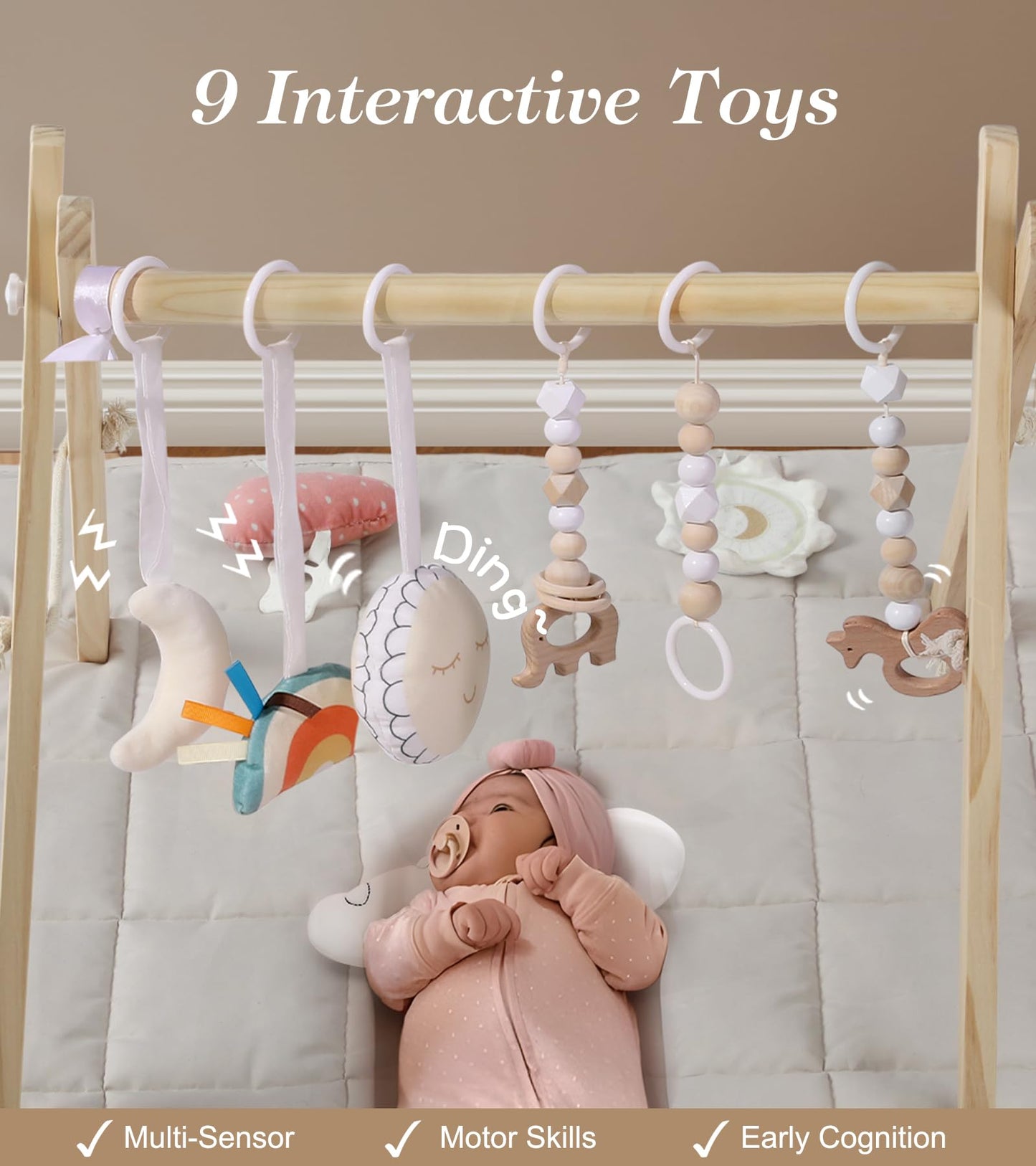 Wooden Play Gym With Beige Mat, Foldable Baby Play Gym, Infant Activity Mat With 6 Hanging Toys, Natural Pine Wood Frame Activit