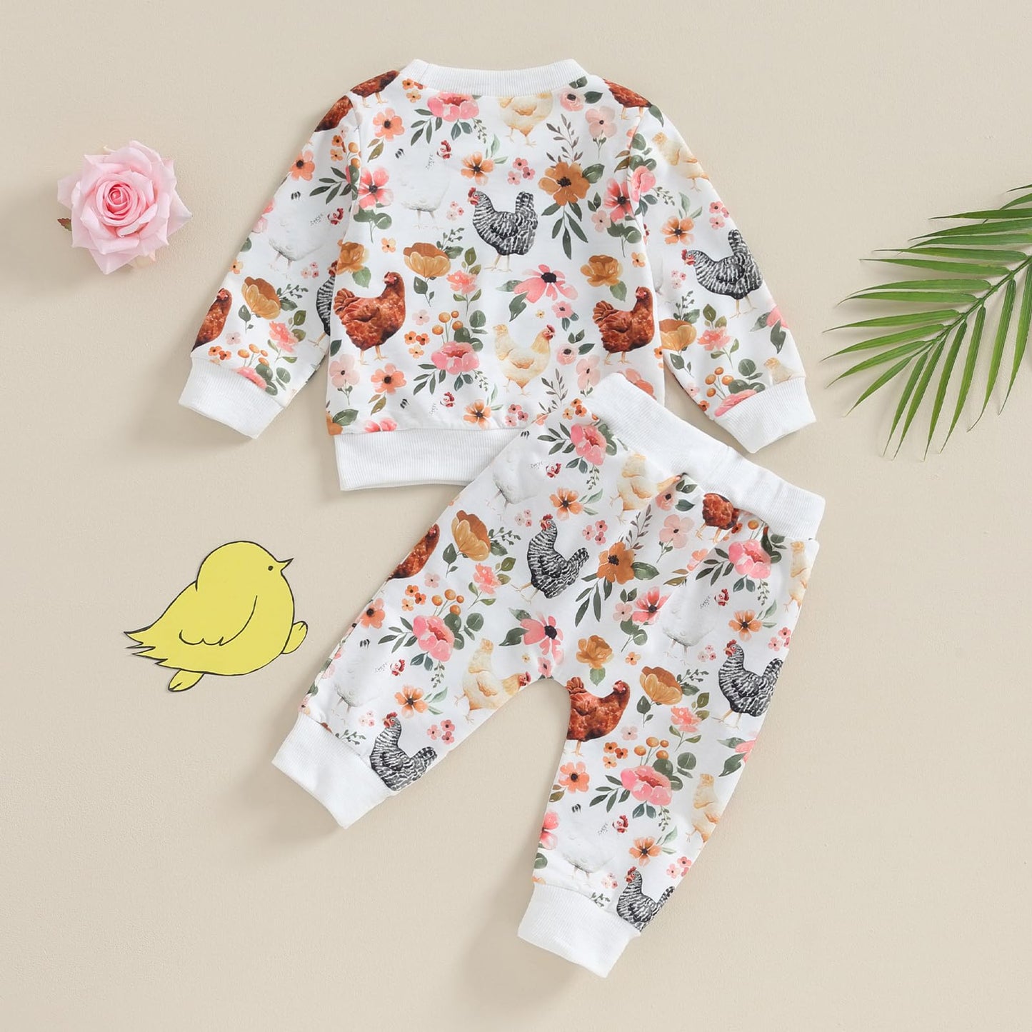Shuing Toddler Infant Girl Boy Farm Outfit Chick& Flower Print Long Sleeve Sweatshirts Elastic Waist Pants Fall Clothes (White,