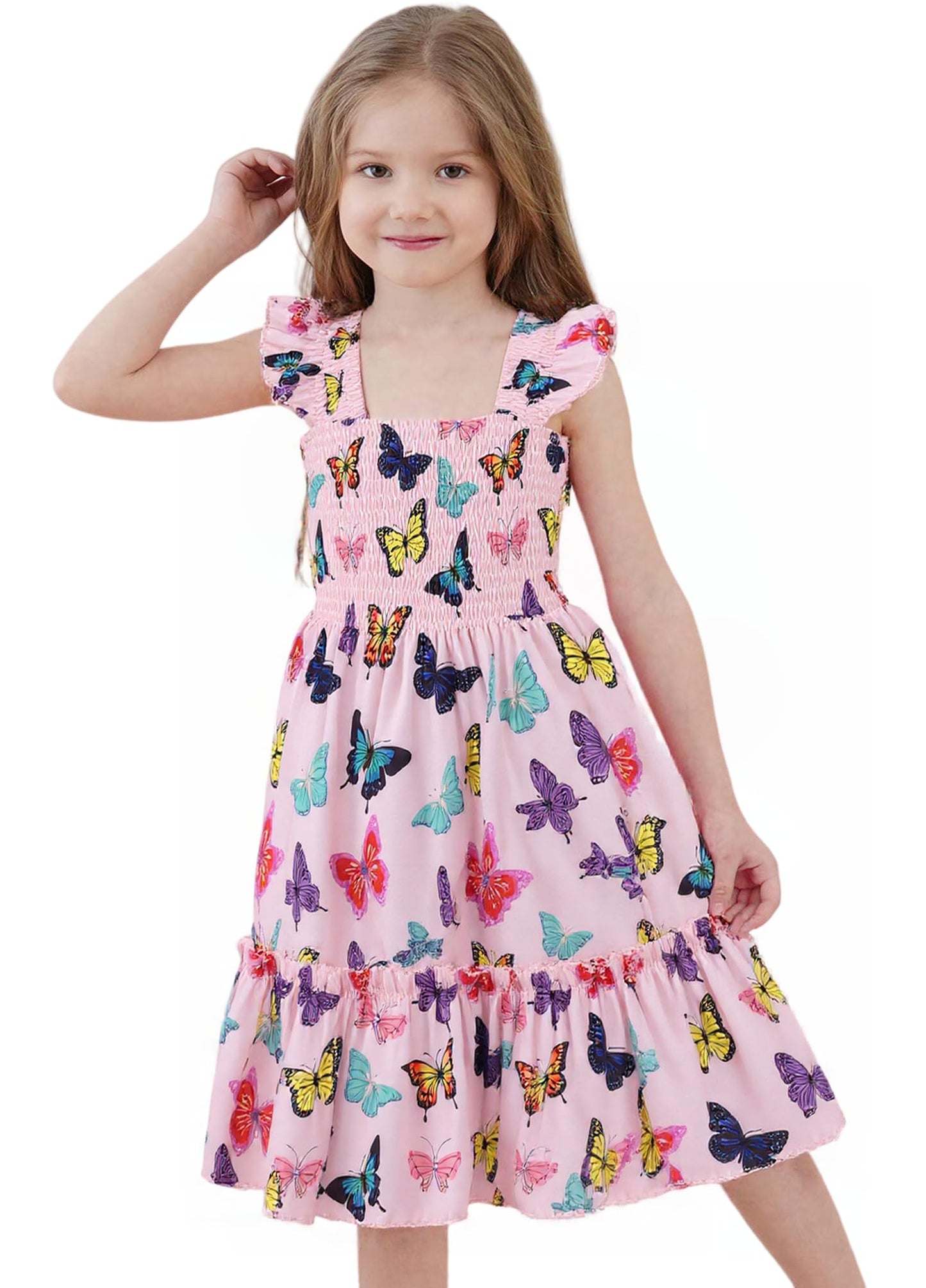 Baby Girl Butterfly Dresses Summer Toddler Butterfly Outfit Flutter Sleeve Sundress Kids Shirred Tiered Dress 6-7 Years