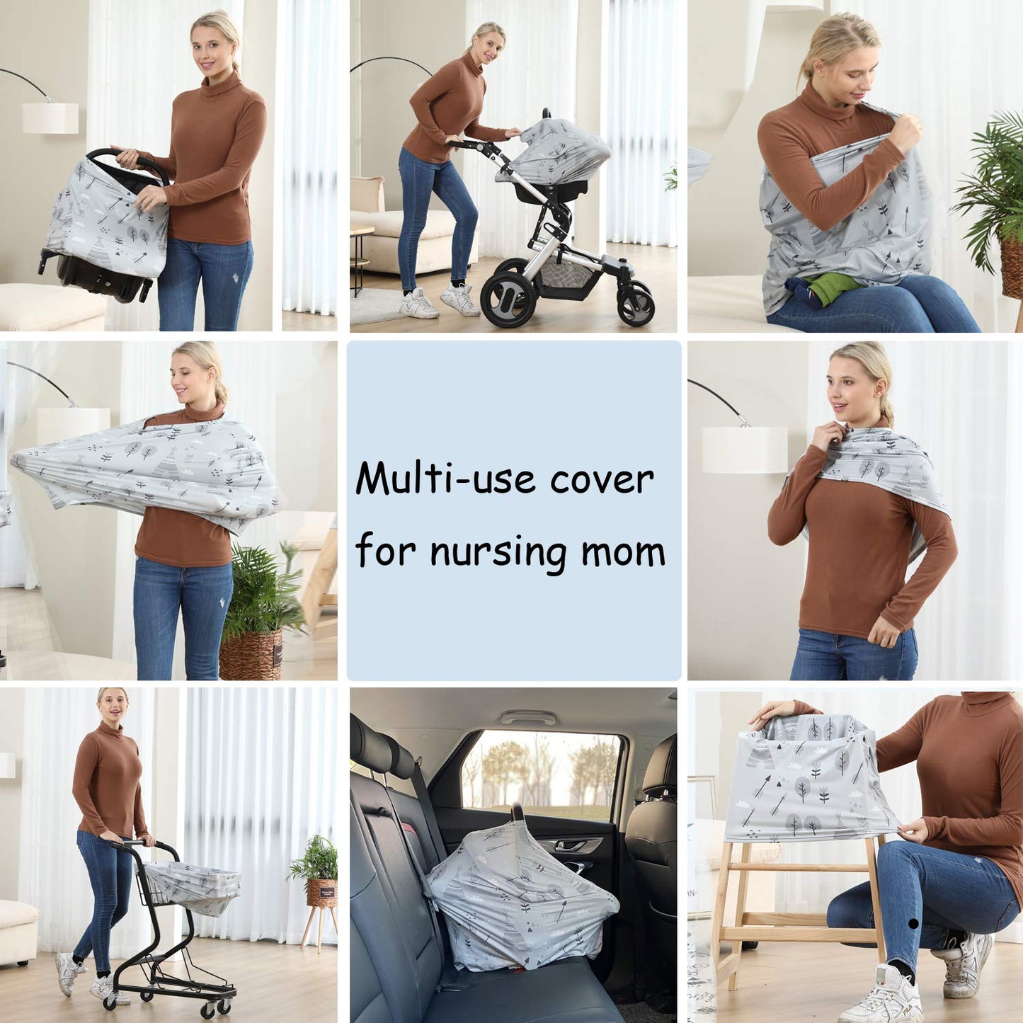 Multi-Use Cover Carseat Canopy - Car Seat Covers For Babies, Breastfeeding Cover (Grey Grove)
