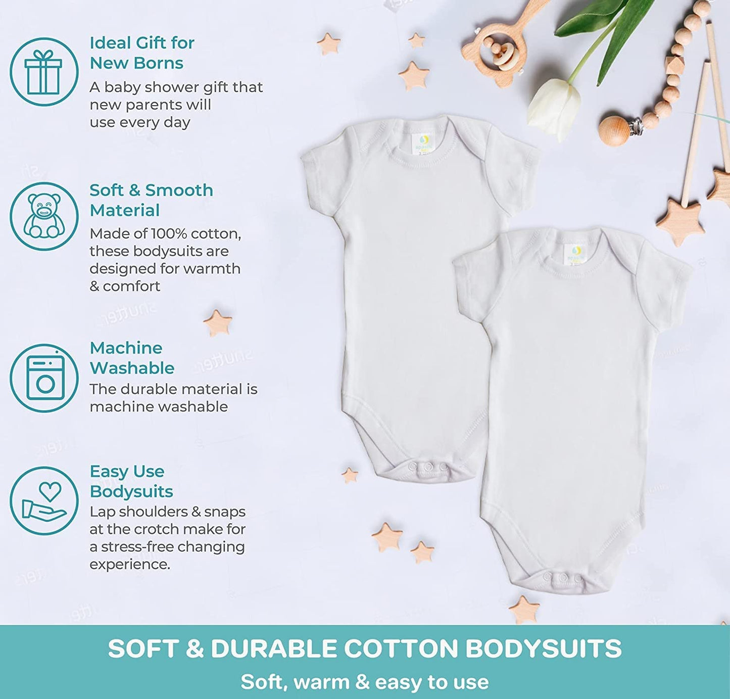 Spasilk Baby 5 Pack Short Sleeve Cotton Bodysuits For Infant And Newborns, White, 9 Months