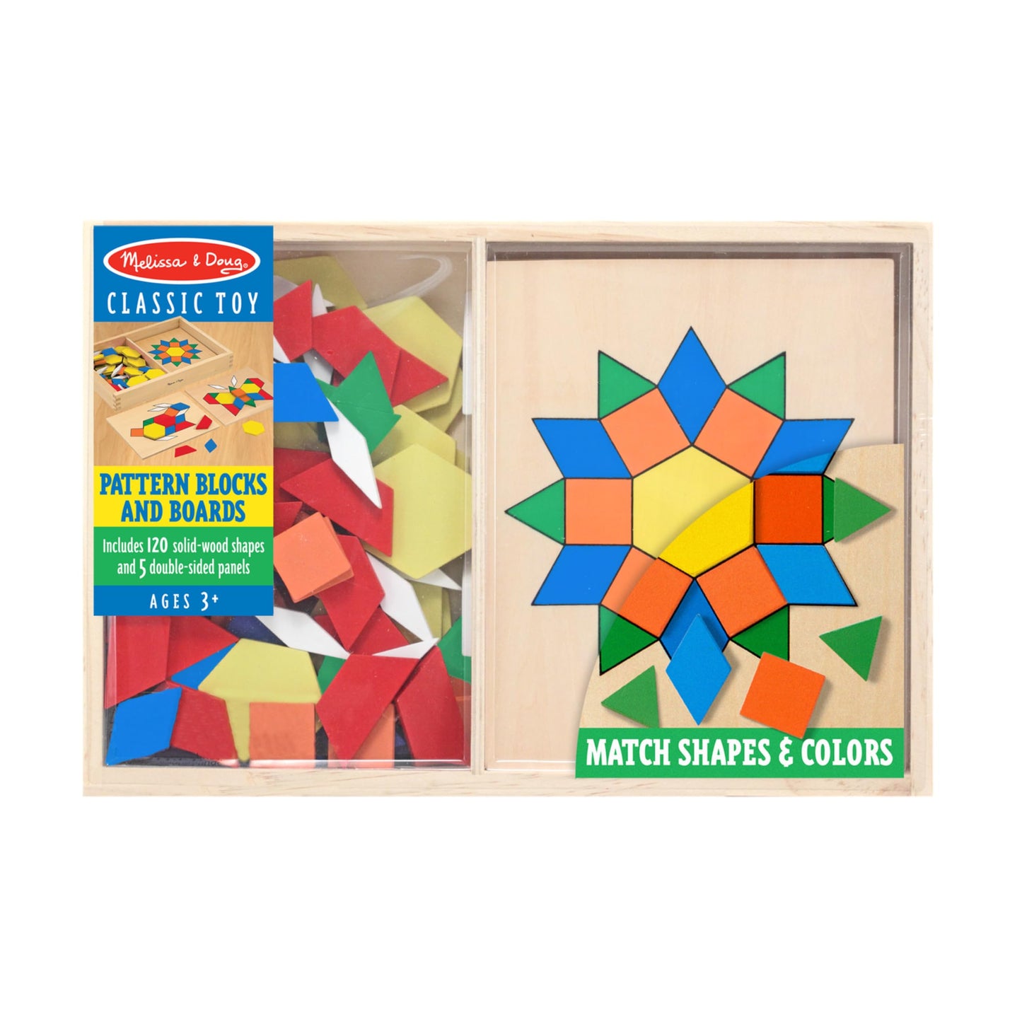 Melissa & Doug Pattern Blocks and Boards - Classic Toy With 120 Solid Wood Shapes and 5 Double-Sided Panels