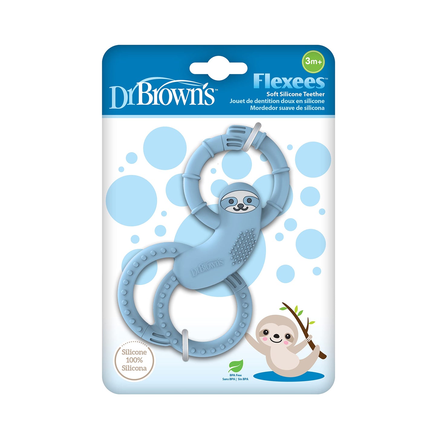 Dr. Browns Flexees Blue Sloth, Soft 100% Silicone Baby Teether, BPA Free, 3m+