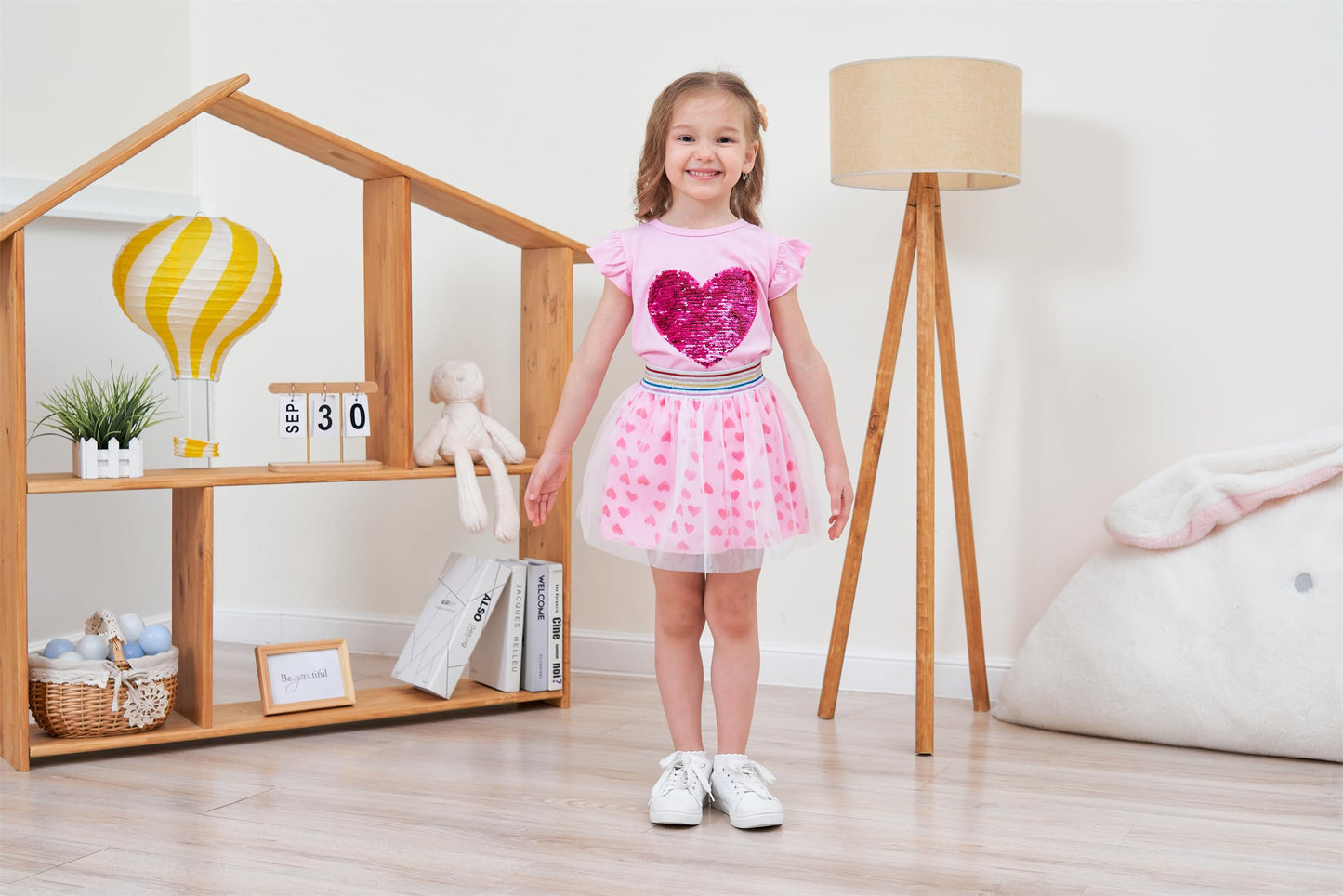 Retsugo Toddler Girls Heart Skirt Set Summer Valentines Day Outfit Kids Flutter Shirt Tulle Skirts Tutu Heart Print Dress 4-5 Ye