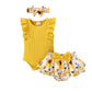 Tiny Cutey Baby Girl Clothes Infant Summer Outfits Set Ruffle Sleeve Romper And Floral Shorts With Headband (Yellow Romper And R