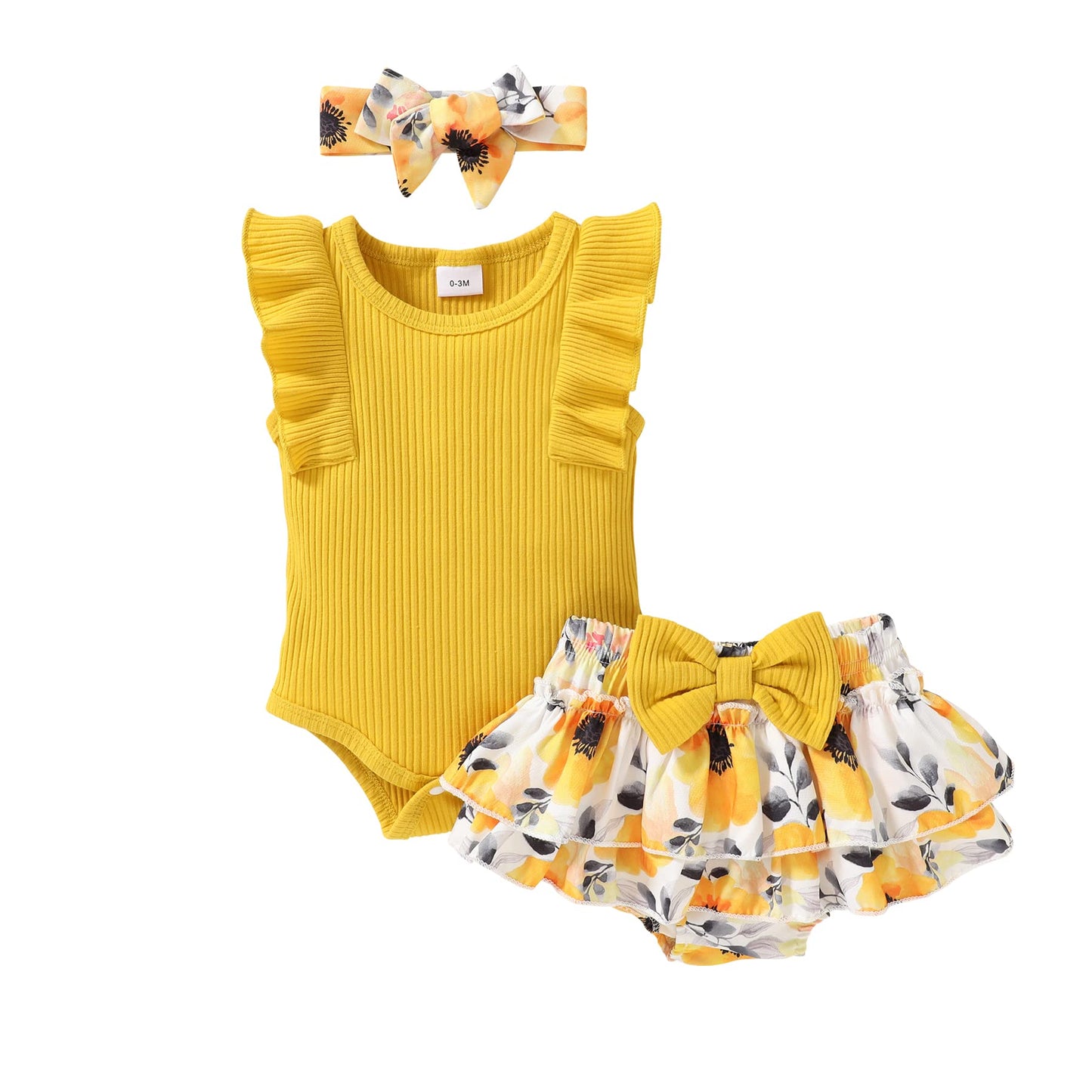 Tiny Cutey Baby Girl Clothes Infant Summer Outfits Set Ruffle Sleeve Romper And Floral Shorts With Headband (Yellow Romper And R